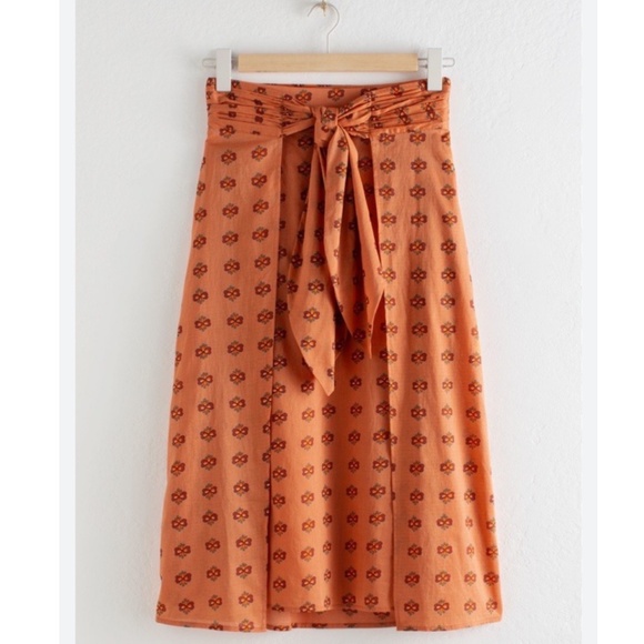 Anthropologie & Other Stories Skirt Printed Tie Front Midi Skirt Orange Size 4 - Picture 2 of 16
